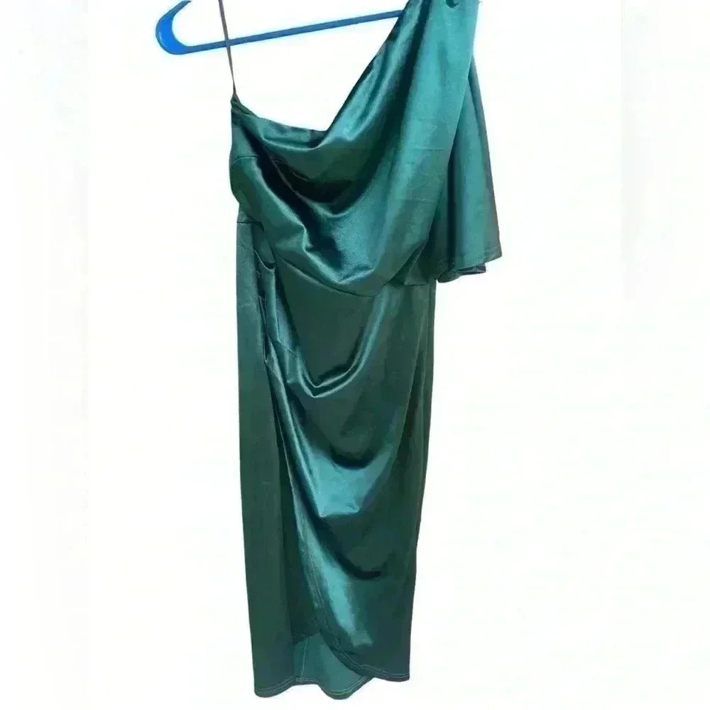 KATE KASIN women’s emerald green satin sz S one shoulder midi dress NWT